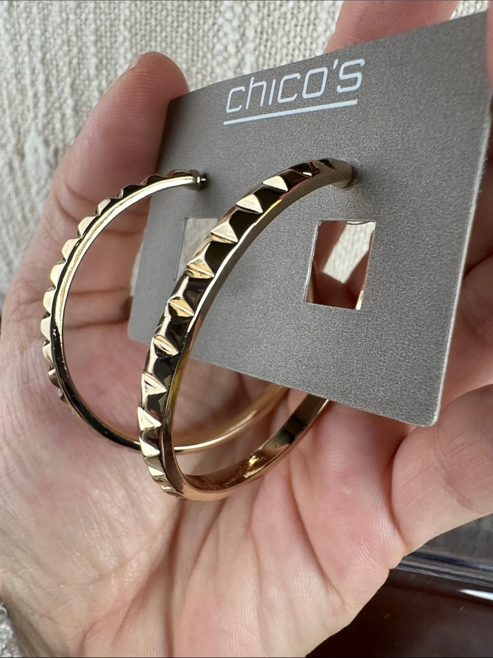 0346-Chico's‎ Gold Pyramid-Textured Hoop Earrings